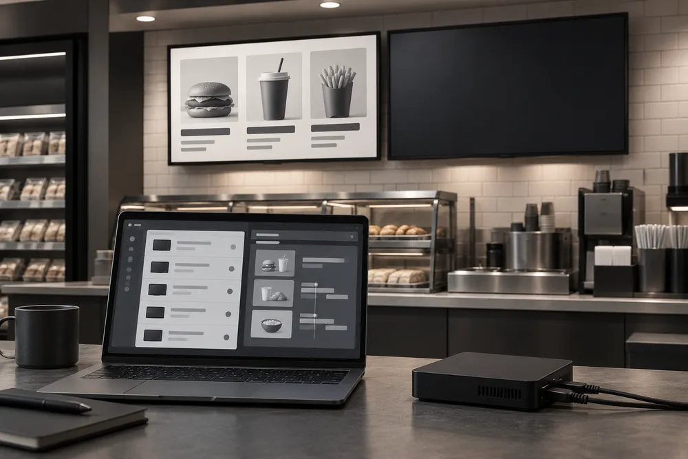AI-generated concept illustration of retail LCD menu screens, an Android signage player and a laptop with abstract device and content management panels; not an actual installation.
