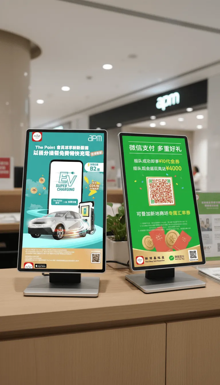 Two e-paper signs on stands on a shopping mall counter showing promotions