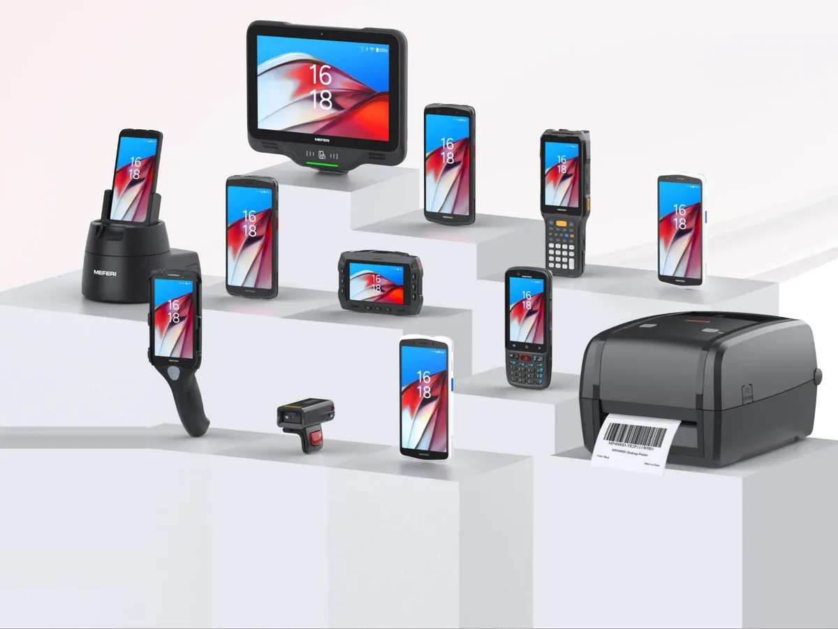 Meferi product line-up: handheld and keyboard mobile computers, a rugged tablet, a wearable, a ring scanner, a pistol-grip handheld and a desktop label printer on white steps