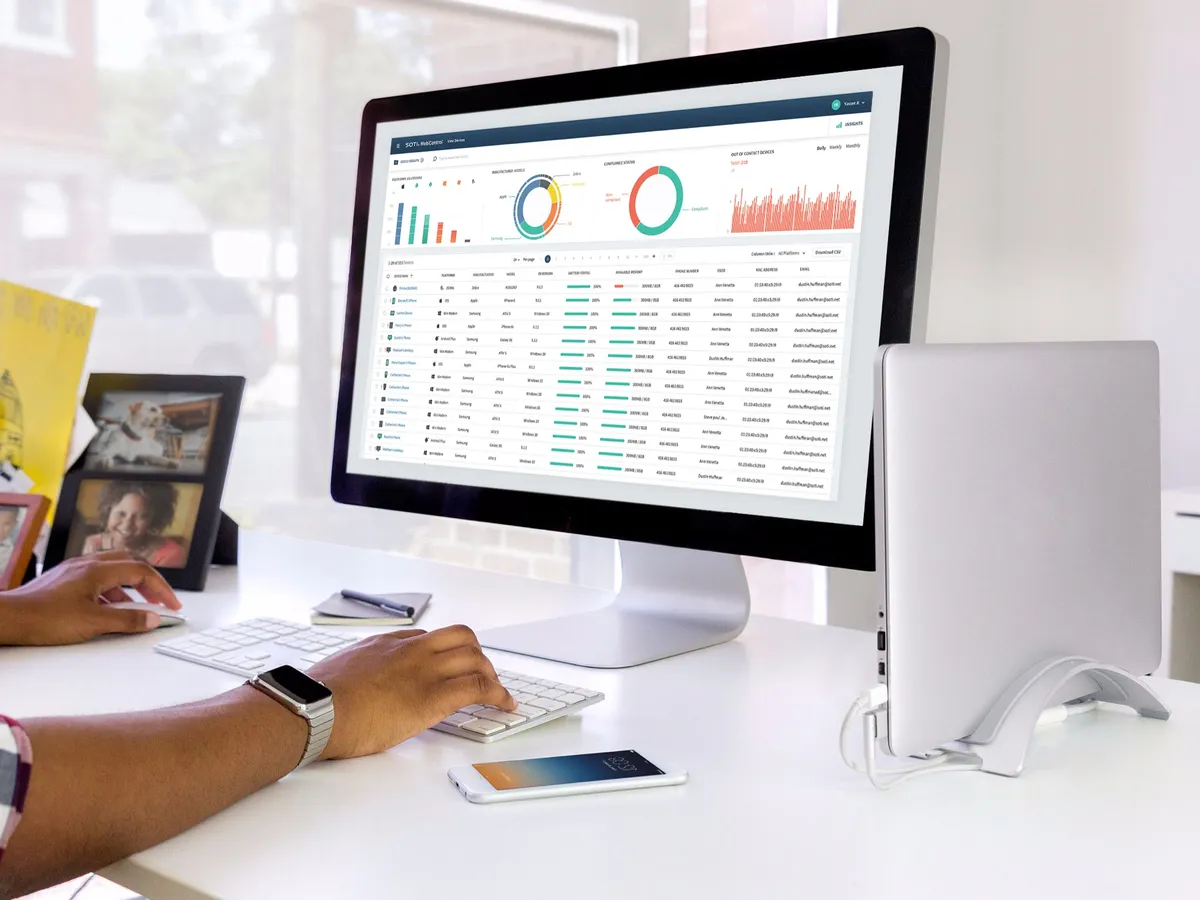 SOTI MobiControl console on a desktop monitor, showing device platform, manufacturer and compliance charts above a list of managed devices