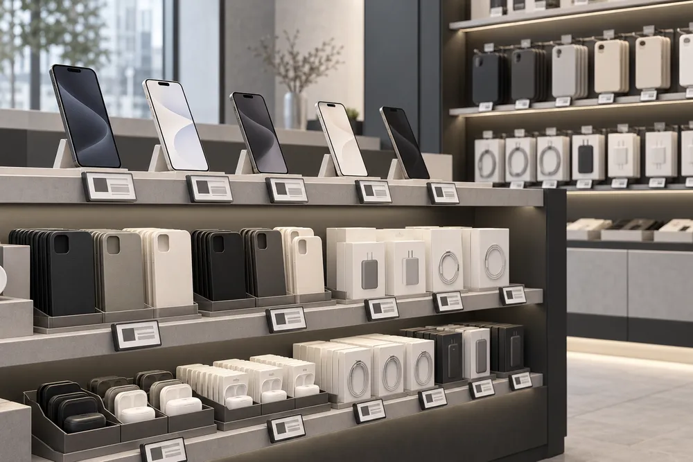AI-generated concept illustration of a phone and accessory shop with electronic shelf labels; not an actual installation.