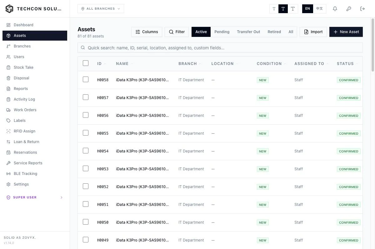 ZOVYX asset register showing handheld computers listed by ID, branch, condition and status
