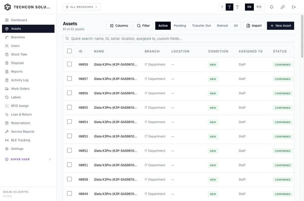 ZOVYX asset register listing handheld computers by asset ID, branch, condition and status
